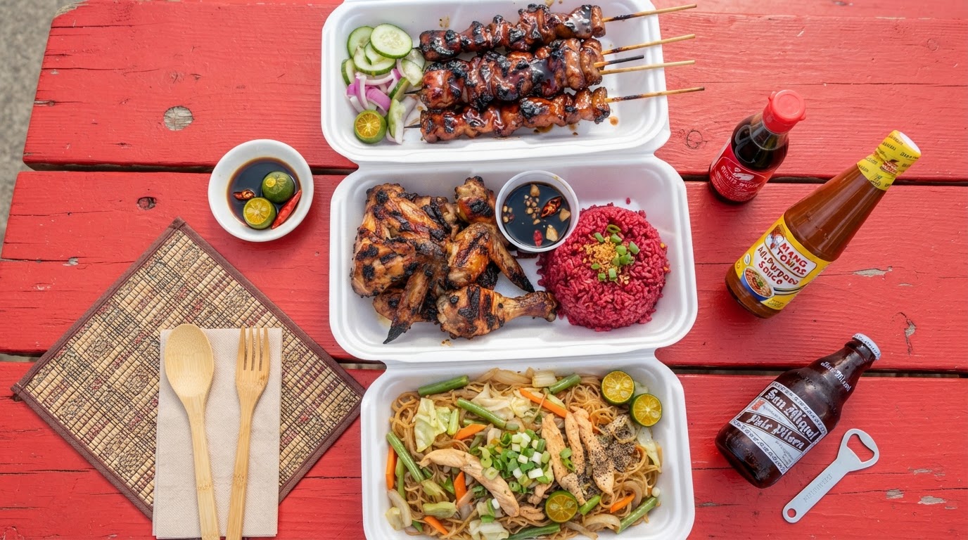 Overhead spread of Kris BBQ plates