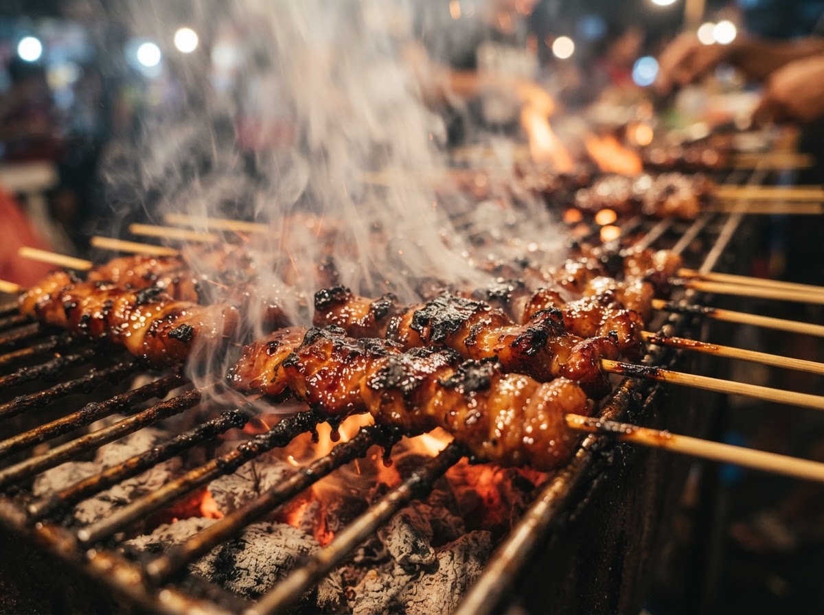Filipino BBQ plates with pork skewers, grilled chicken, red rice and pancit